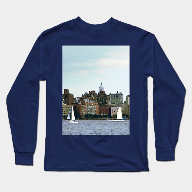 Manhattan NY - Two Sailboats Against Manhattan Skyline Long Sleeve T-Shirt by SusanSavad